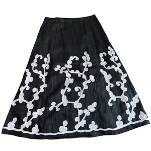 Peter Nygard Black Linen Skirt White Embroidered Floral A-Line Size 10